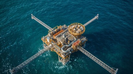 an aerial view of an offshore oil rig in the ocean, showcasing its complex structure and operational presence