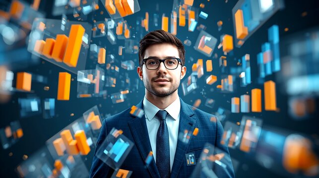 A confident business professional with a data analysis background, surrounded by various charts and graphs