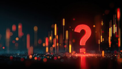 Glowing red question mark illuminates abstract digital landscape
