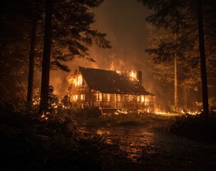 Rustic cabin engulfed in flames amidst a dark, fiery forest
