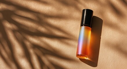Obraz premium Iridescent roller bottle casts a shadow from palm fronds on tan surface