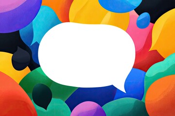 Colorful abstract shapes create a playful backdrop for a central white speech bubble