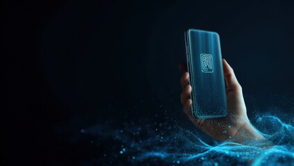 Hand holding a glowing smartphone with a digital fingerprint scanner on screen