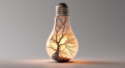 A bare tree inside a glowing lightbulb with a sunset background