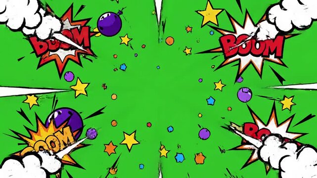 Animated Expression Bursts with yeah word retro cartoon comic bubbles popup style expressions colored bomb and smoke strip dotted red speed radial line seamless loop animation black green screen 4k