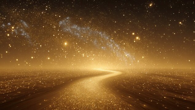 Golden luminous path winding through a starlit, shimmering, cosmic expanse