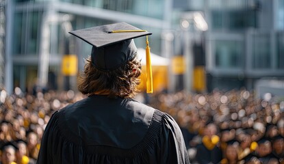 Graduate in cap and gown faces crowd at commencement ceremony