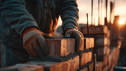 Hands of a builder meticulously placing a brick at sunset