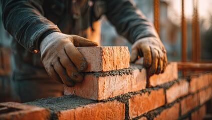 Hands in gloves laying red bricks on a mortar-covered wall at sunset