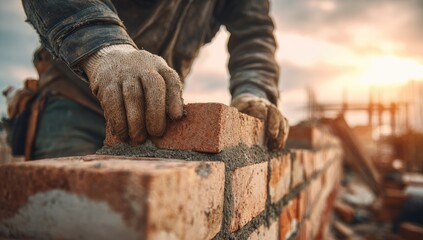 Hands carefully placing brick on wet mortar to build wall
