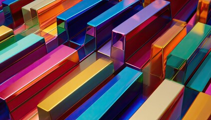 Colorful, metallic bars arranged in a staggered pattern on a reflective surface