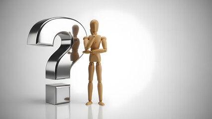 疑問符の横で考え事をするデッサン人形