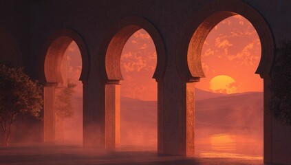 Arched entryway frames a hazy sunset over a tranquil body of water and distant hills