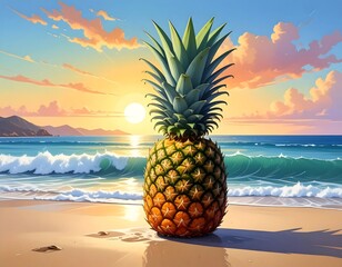 Vibrant illustration of a pineapple on a sunny beach with ocean backdrop