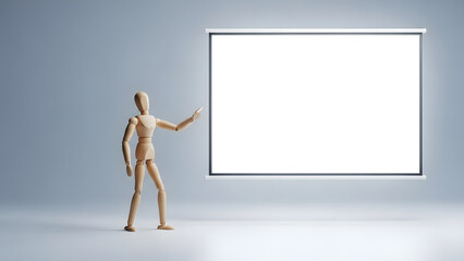 Obraz premium 空白のスクリーンを指差しプレゼンするデッサン人形