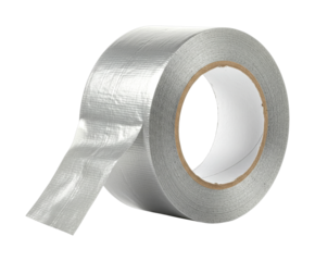 Shiny silver grey roll of duct tape with a piece unrolled, showcasing its textured surface and cardboard core, captured with bright studio lighting