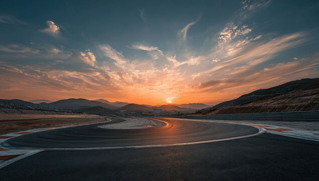 Dramatic sunset over a winding asphalt track with mountains in background