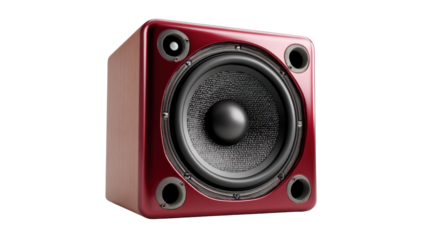 Red audio monitor delivering sound in a music studio, producing bass and treble frequencies, transparent background