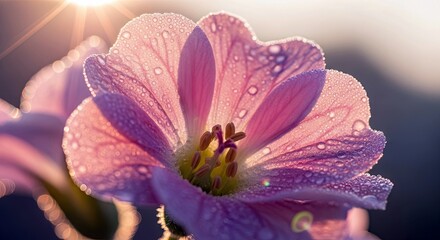 A close-up shot of a pink flower with water droplets, illuminated by sunlight. The petals are translucent, and the background is blurred.