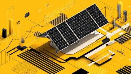Futuristic digital display with solar panels and abstract geometric shapes