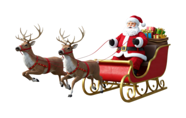 Santa Claus in his traditional red suit drives a festive sleigh filled with colorful gifts, pulled by two majestic reindeer, embodying the spirit of Christmas magic and holiday cheer
