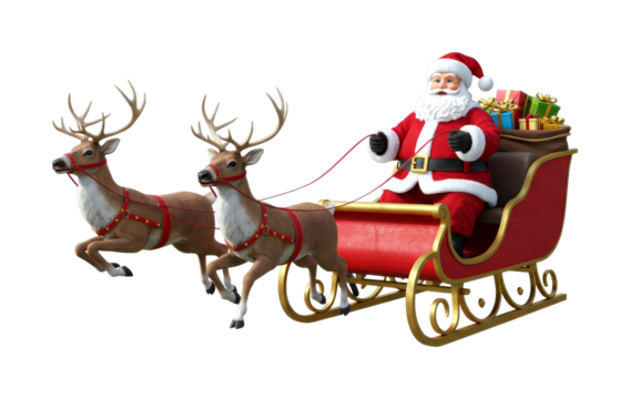 Santa Claus in his traditional red suit drives a festive sleigh filled with colorful gifts, pulled by two majestic reindeer, embodying the spirit of Christmas magic and holiday cheer - Powered by Adobe