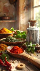 Various spices in bowls and spoons next to herbs and a glass jar
