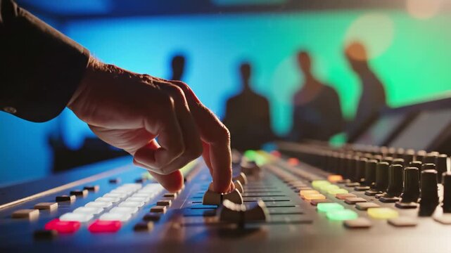 Green Screen selective focus of male sound engineer s hand sliding the button on control equipment working next to other staff in editing zone behind blue studio scene 3 with distortion, overlay