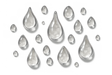 Water drops and liquid transparent droplets on a transparent background, depicting a clean and pure hydration concept
