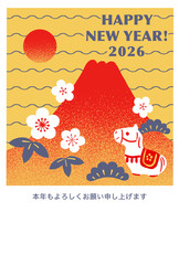 2026年富士山と馬張子のポップな年賀状テンプレート