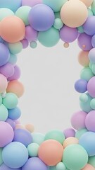 Abstract composition of pastel colored spheres creating a frame with copy space