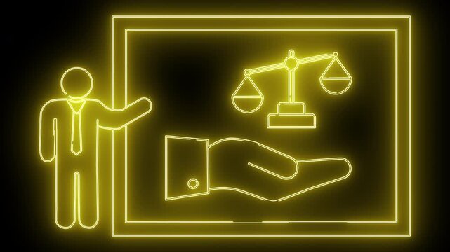 A yellow neon outline shows a person scales and a hand within a rectangular frame against a black background