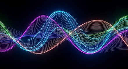 Abstract glowing colorful wavy lines on a dark background representing digital sound or light waves.