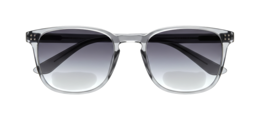 Stylish clear frame bifocal gradient sunglasses feature a modern design with dark to light lenses and visible reading segments, presented in a precise, eye-level studio shot