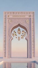 Obraz premium Decorative archway with lanterns and reflecting pool