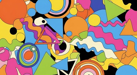 Vibrant abstract pattern with colorful geometric shapes and wavy lines in a retro psychedelic style.