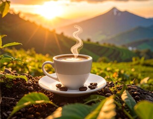 White coffee cup on saucer, with steam, at sunrise in a mountain landscape