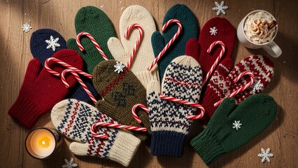 Cozy winter mittens, candy canes, hot cocoa, and candle on wood