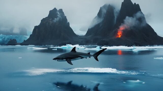 Shark swimming in icy ocean waters with mountains and volcano in the background on cloudy day shark video