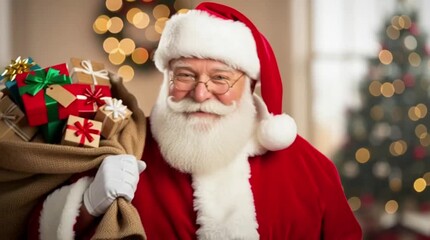 Portrait of smiling Santa Claus holding gift sack, festive background - Powered by Adobe