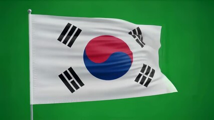 South Korea flag waving on a green screen. National symbol of Korea for Independence Day and patriotic holiday chroma key video backdrop.