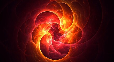 Vibrant abstract fractal art with swirling fiery red and orange energy patterns.