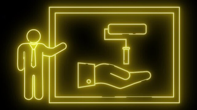 A neon yellow pictogram of a suited figure a hand offering a paint roller all within a frame isolated against a black backdrop