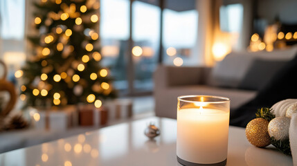 A stylish living space, elegantly styled for the holiday season, features a lit candle and a decorated Christmas tree, evoking warmth and festive spirit in a contemporary setting.