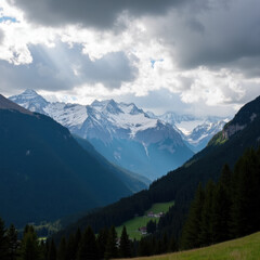 Fototapeta premium View of snowcapped mountains and serene forests under a dramatic sky