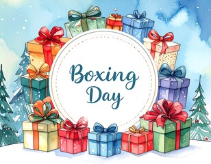 Watercolor illustration of wrapped gifts surrounding a white circle and trees