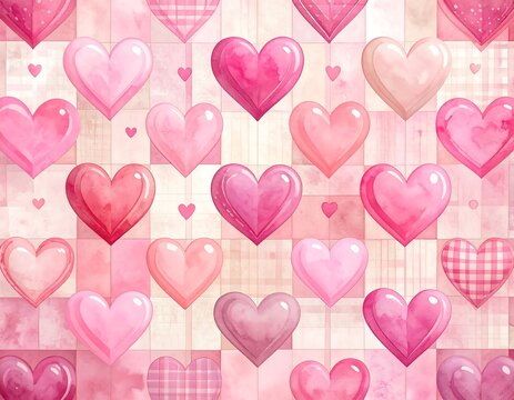 Watercolor illustration of multiple pink hearts on a checkerboard background