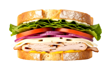 Delicious fresh turkey sandwich with toasted bread, layered with Swiss cheese, red onion, ripe tomato, crisp lettuce, mayonnaise, and mustard, showcasing a hearty and appetizing meal
