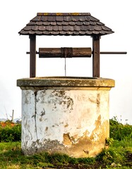 Weathered water well with wooden roof and a white cloudy sky in the background