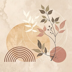 Botanical Harmony: A minimalist art piece featuring delicate botanical elements, showcasing soft colors and elegant shapes.